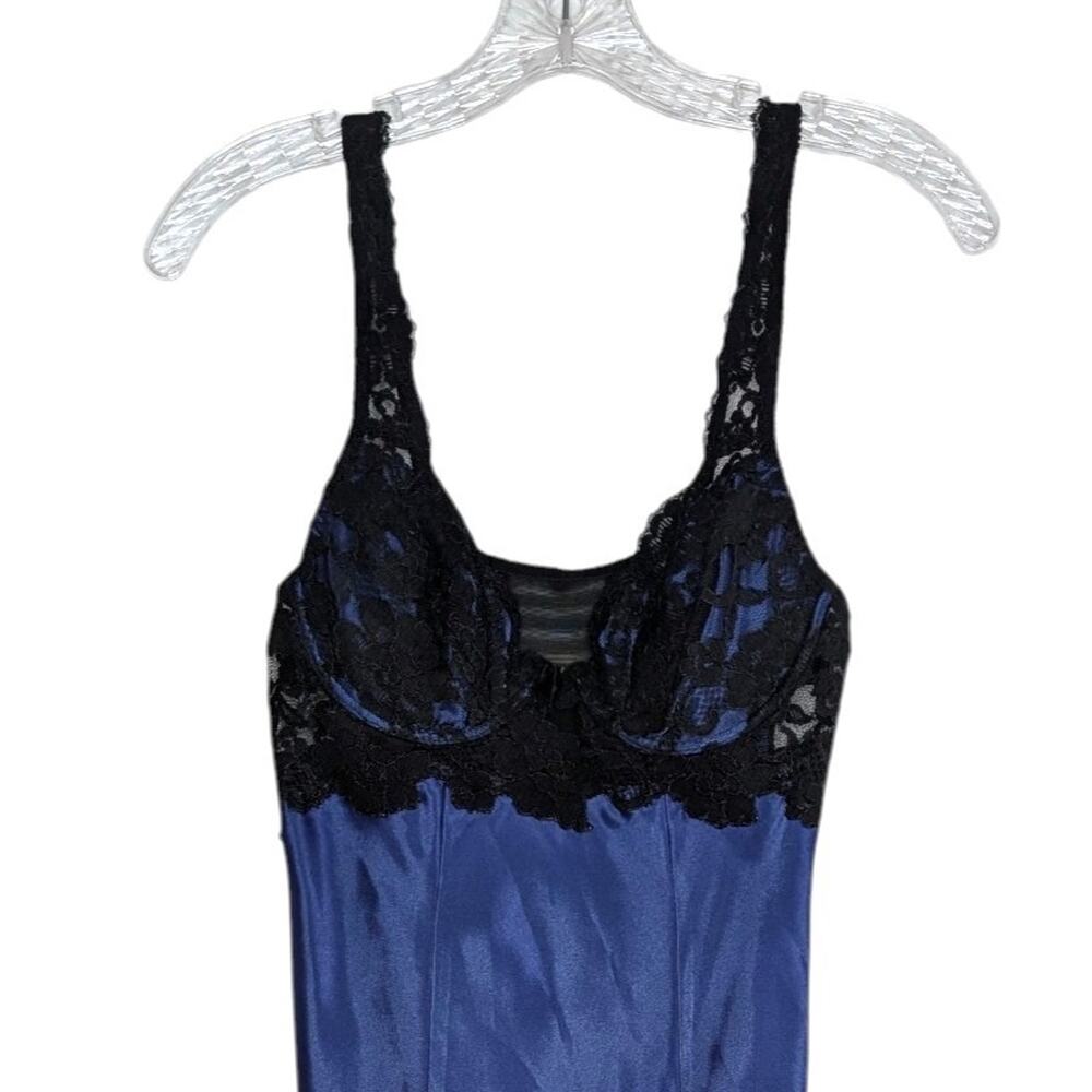 Victoria's Secret Blue Satin & Black Lace Slip Dress Size Small Coquette Sexy